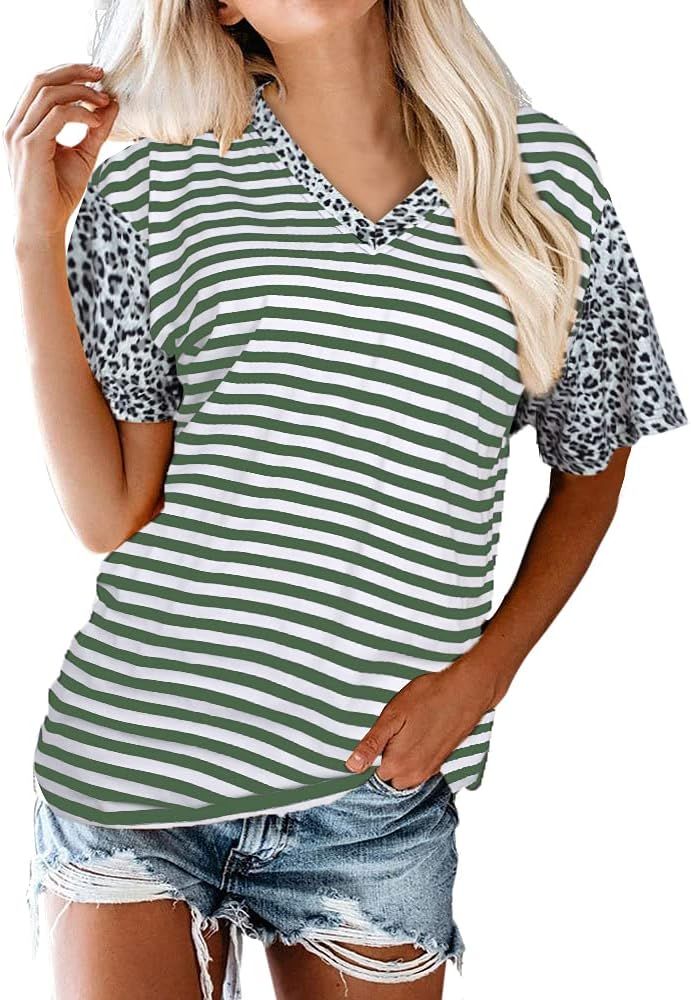 BLANCHES Womens Short Sleeve T Shirts V Neck Color Block Top Leopard Tunic Striped Tops | Amazon (US)