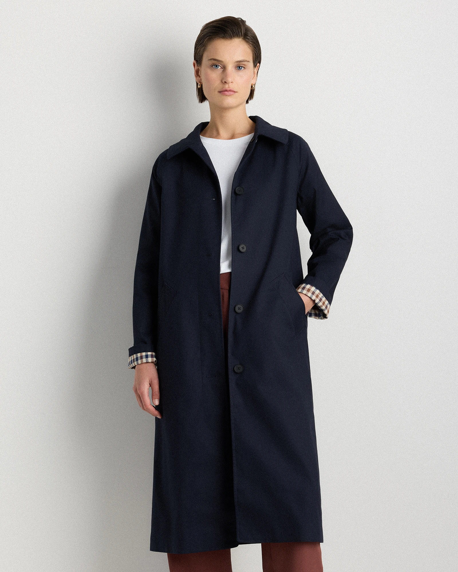 Quince | Women's Comfort Stretch Mac Coat in Navy, Size Medium, Organic Cotton | Quince