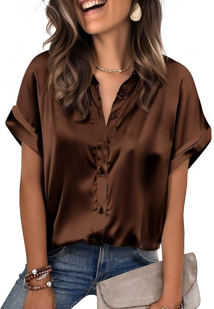Zeagoo Womens Satin Blouse Short Sleeve Silk Tops Button Down Shirts Business Casual Outfits | Amazon (US)