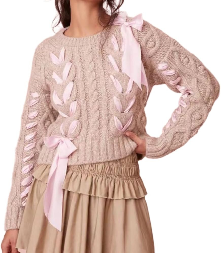 Melliflo Women Ribbon Lace Up Sweater Crew Neck Long Sleeve Knit Pullover Cute Bow Tie Crochet Kn... | Amazon (US)