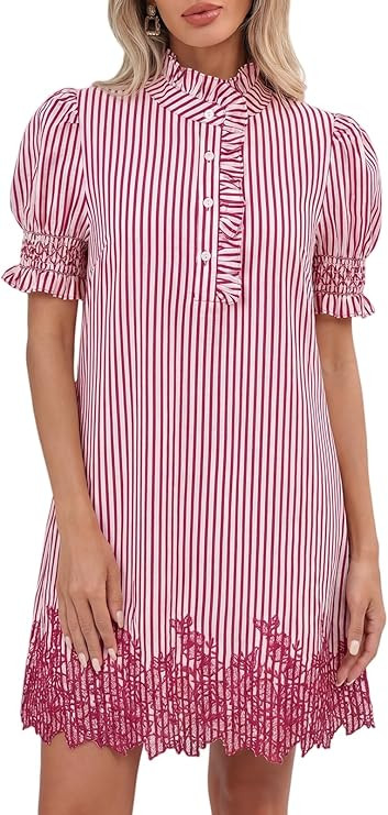 EZAPINE Embroidered Striped Dress for Women Stand Ruffle Collar Puff Sleeve Button Front Shift Dr... | Amazon (US)