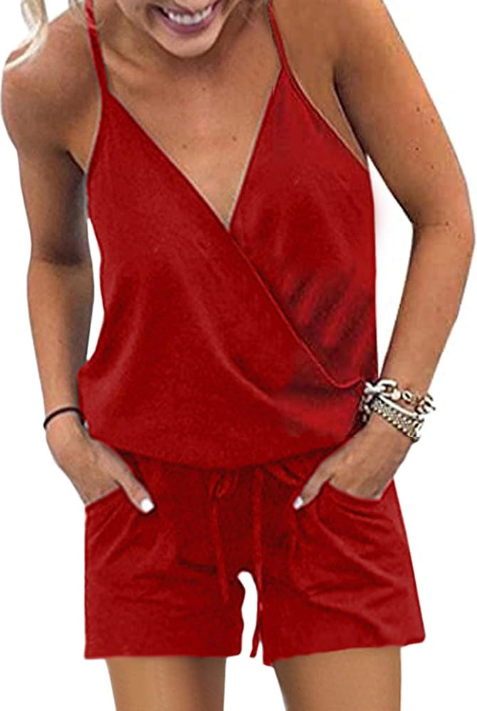 ECOWISH Women's V Neck Spaghetti Strap Drawstring Waisted Long Pants Jumpsuit Rompers | Amazon (US)