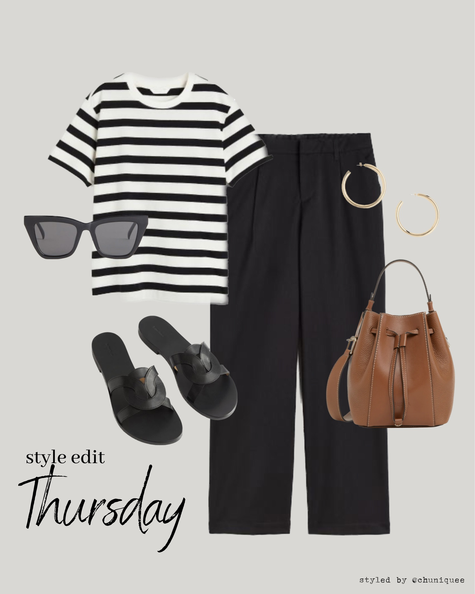 Elevating everyday style with a touch of timeless chic! Loving this ensemble featuring a pair of black trousers, a black and white striped t-shirt, a brown bag, black sandals, a cat eye sunglasses, and statement earrings. Effortlessly stylish from day to night! ✨🖤 #chicstyle #stripedtee #blacktrousers #accessories #ltkfashion"

🗝️  set style styling stylist basic basics black pants capsule wardrobe idea bag ideas simple classic classy casual smart dressy day errands shopping date summer spring outfit outfits fashion inspo

#LTKSeasonal #LTKsalealert #LTKstyletip