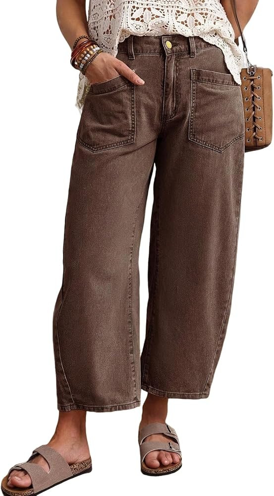 Jeans for Women Coffee Solid Color Square Patch Pocket Ankle-Length Barrel Jeans Trendy Denim Pan... | Amazon (US)