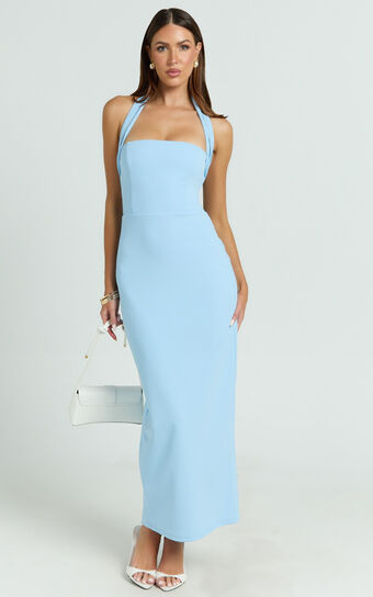 Salome Midi Dress - Halter Neck Column Dress in Blue | Showpo (US, UK & Europe)