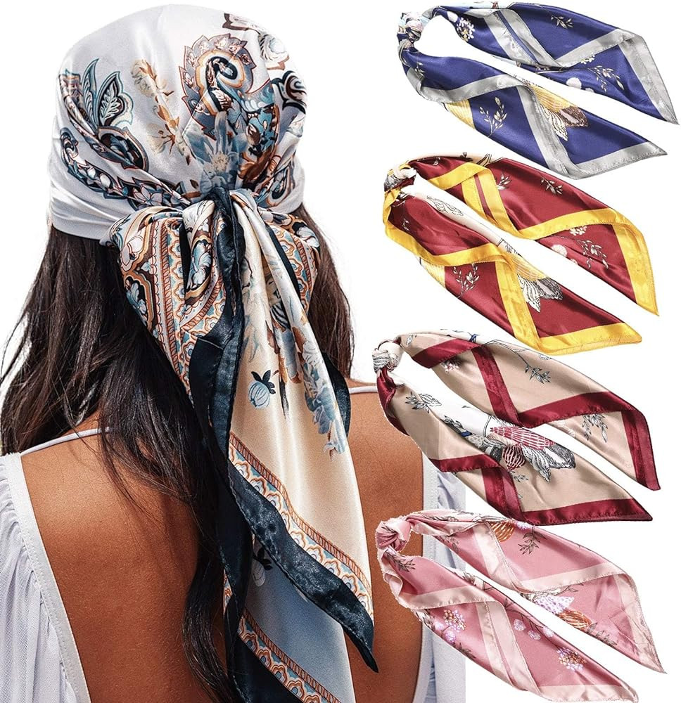 AWAYTR 35” Satin Large Square Head Scarves - 4PCS Silk Like Neck Scarf Hair Sleeping Wraps Sati... | Amazon (US)