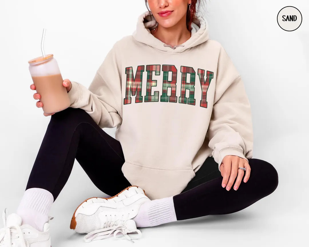 Plaid "merry" Christmas Hoodie, Varsity Holiday Hooded Sweatshirt, Matching Family Pullover - Ets... | Etsy (US)