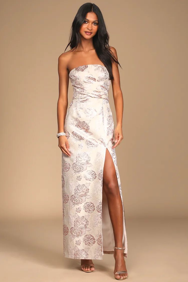 Redefine Regal Pale Pink Floral Jacquard Strapless Maxi Dress | Lulus