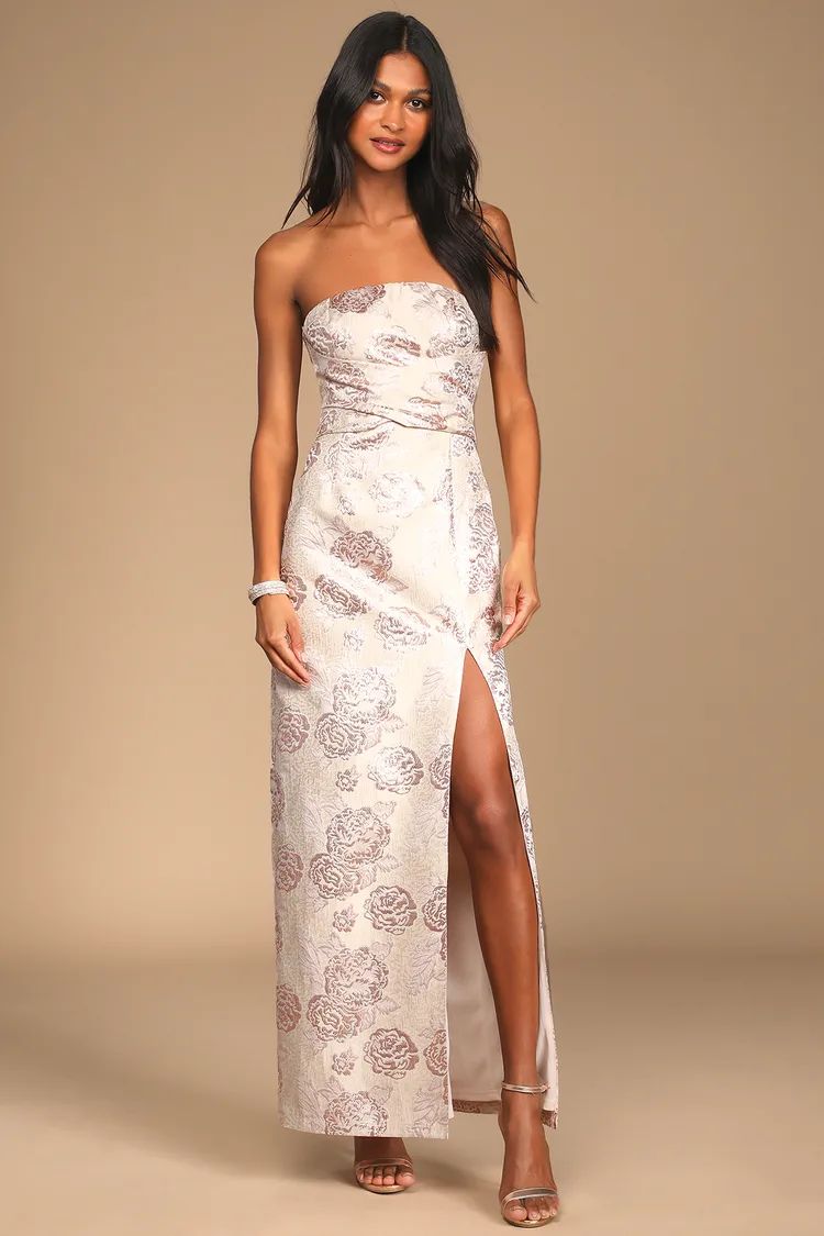 Redefine Regal Pale Pink Floral Jacquard Strapless Maxi Dress | Lulus (US)