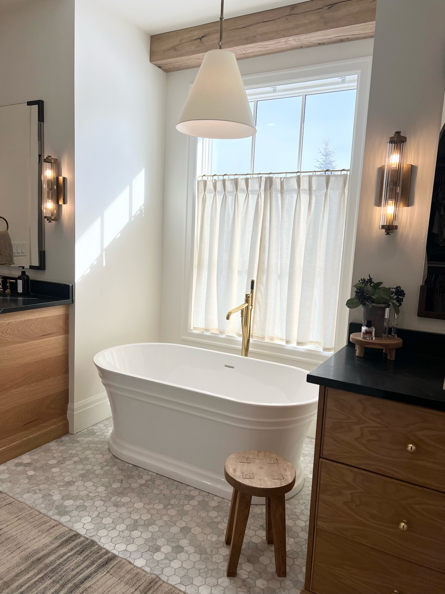 Just hung these cafe curtains from Curtarra. They are so beautiful with pleats and a linen blend. They were affordable and add such a completeness to our space. Bathroom home design. Marble flooring. Wall sconce  

#LTKHome