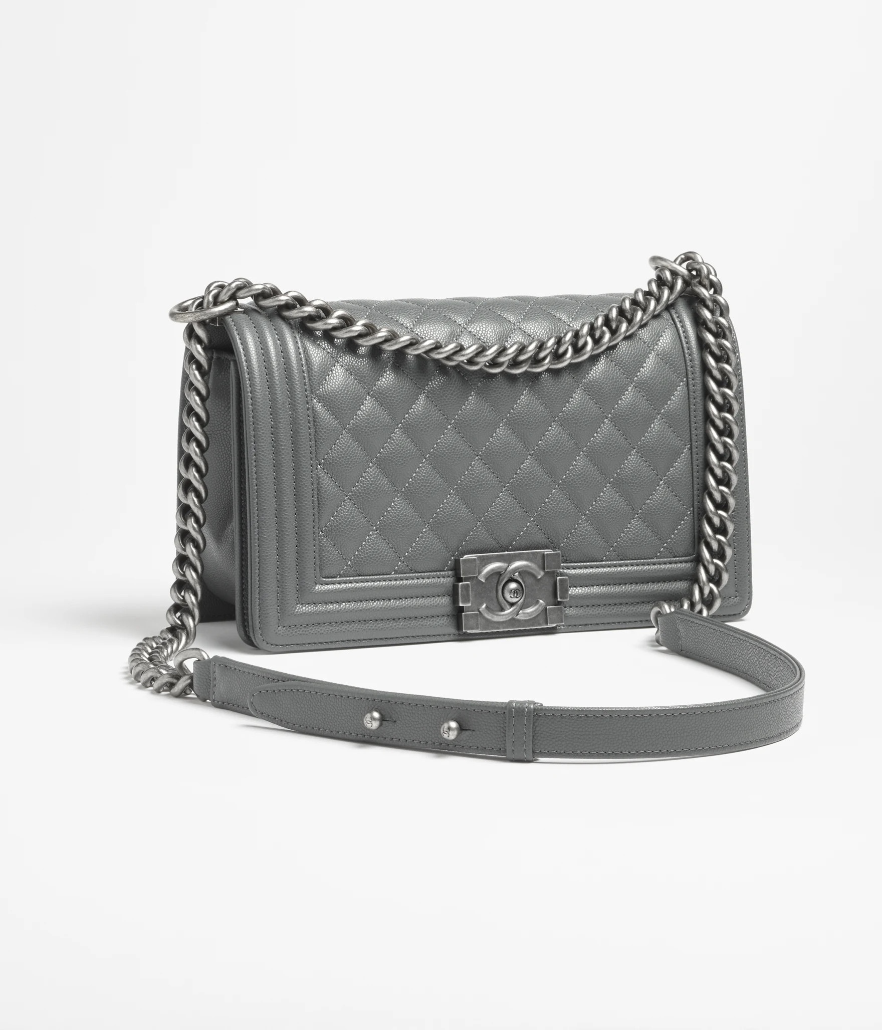 Boy chanel handbag, Shiny grained calfskin & ruthenium-finish metal, dark gray — Fashion | CHAN... | Chanel, Inc. (US)