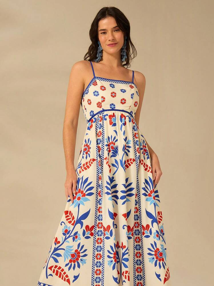CAJUNI Women Vacation Spaghetti Strap Backless Selenipedium And Azalea Print Camisole Casual Summer Dress, Elegant And Graceful | SHEIN