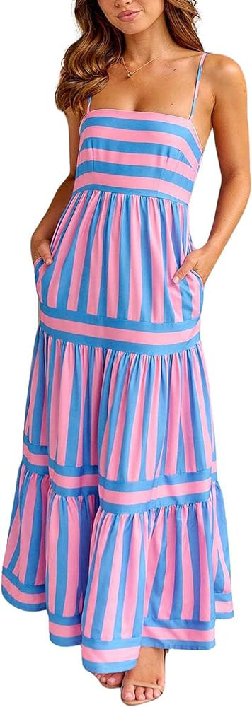 chouyatou Women Spaghetti Strap Back Smocked Maxi Striped Dress Summer Casual Floral Flowy Beach ... | Amazon (US)