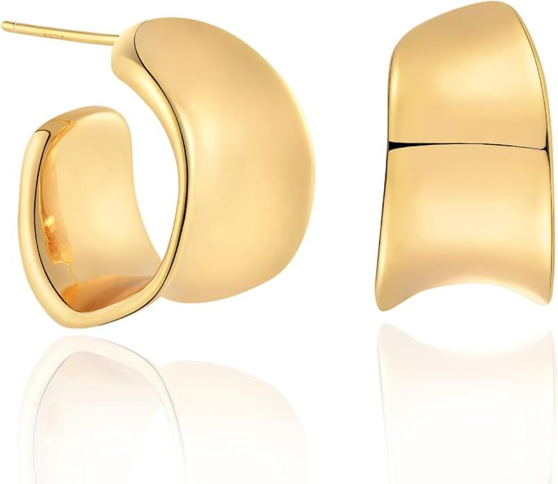 Gold Chunky Hoop Earrings for Women 14K Gold Plated S925 Huggie Hoop Earrings, Gold Polished Chun... | Amazon (US)