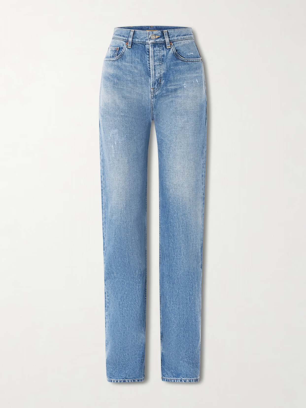 SAINT LAURENT - Distressed High-rise Straight-leg Jeans - Blue | NET-A-PORTER (UK & EU)