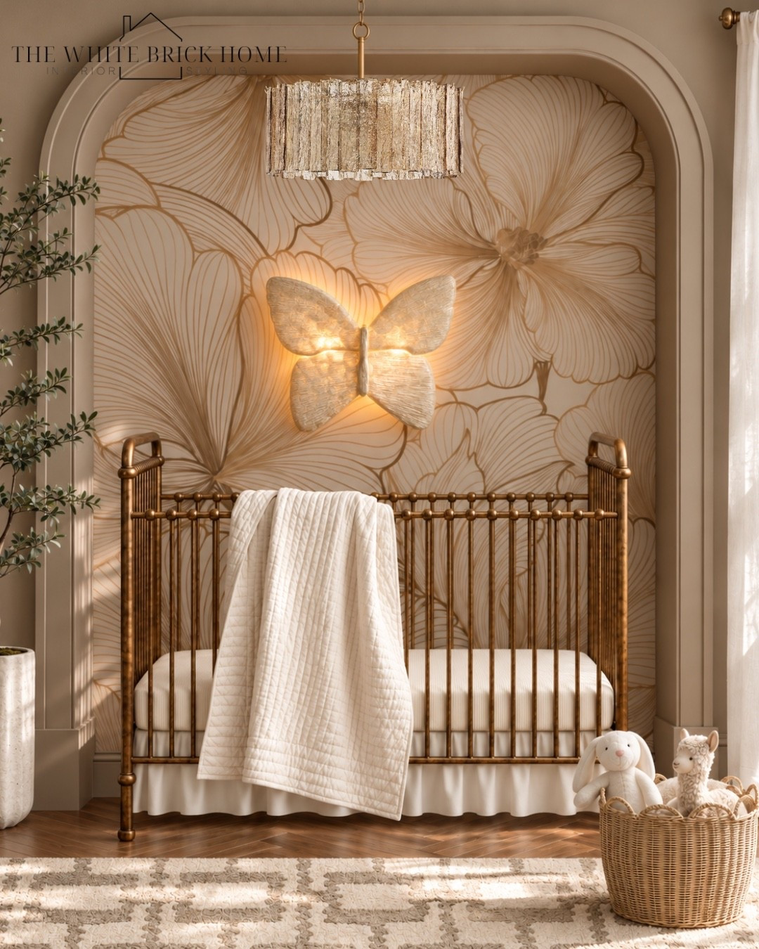 A dreamy, designer inspired nursery where delicate florals, warm brass, and a glowing butterfly wall light create the sweetest little sanctuary. 

Nursery, nursery decor, nursery ideas, nursery crib, wallpaper, girls nursery, baby girl, baby girl nursery, nursery ideas, nursery design ideas, nursery rug, crib, gold crib, home decor, nursery design ideas, baby girl nursery, gold nursery, neutral nursery, butterfly nursery, nursery bedding, nursery ideas, nursery furniture, home decor, home design, nursery lighting, girls room, girls bedroom, kids room, kids bedroom, girls room decor, wayfair, pottery barn girls, pottery barn, Anthropologie, crate and barrel, crate and kids