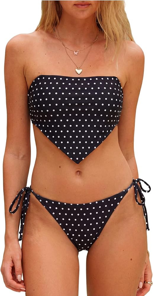 ZAFUL Women's Halter Tankini Swimsuits Bandeau Hanky Hem Tied Back Bikini Sets Cheeky Two Piece B... | Amazon (US)