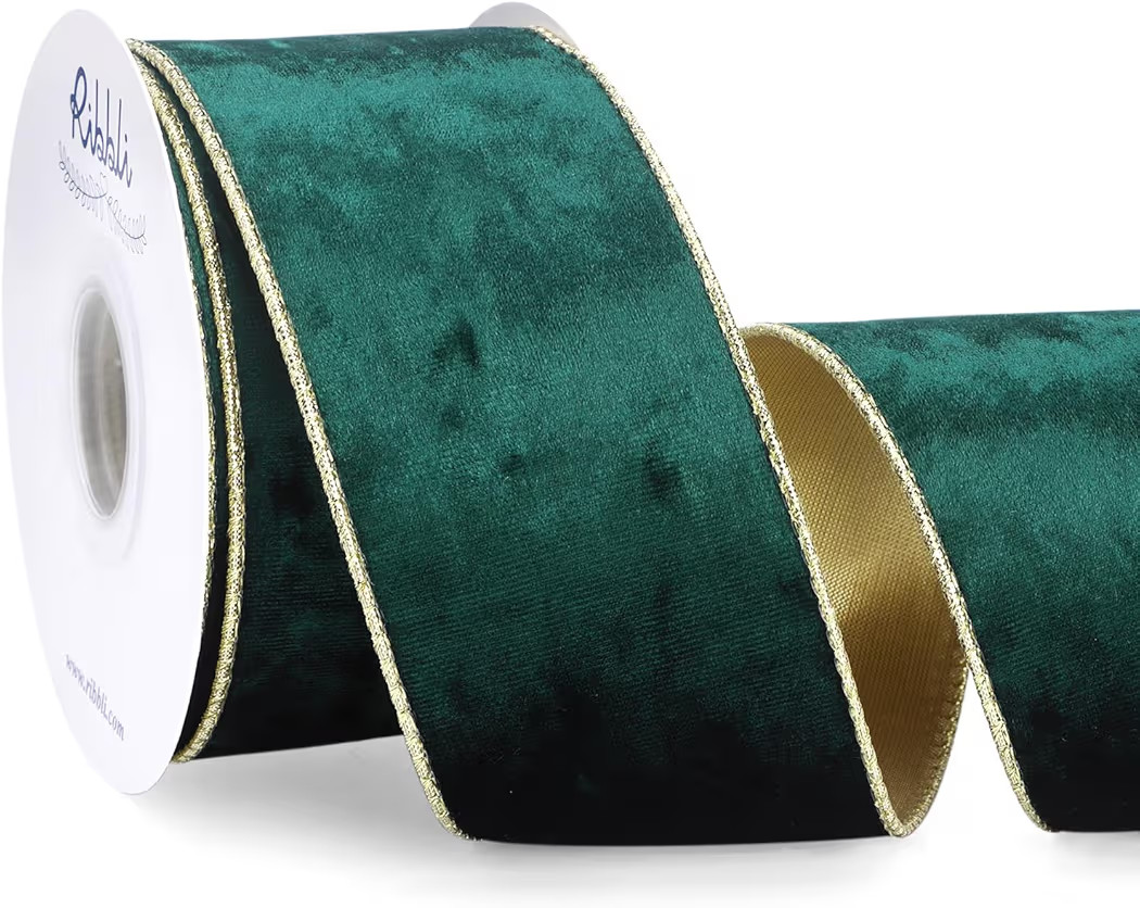 Ribbli Forest Green Velvet Wired Ribbon 2.5 Inch Metallic Dark Green Gold Crushed Velvet Christma... | Amazon (US)