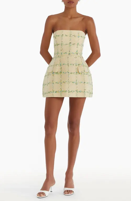 Amanda Uprichard Bethany Tweed Check Strapless Skort Romper in Yellow at Nordstrom, Size Medium | Nordstrom