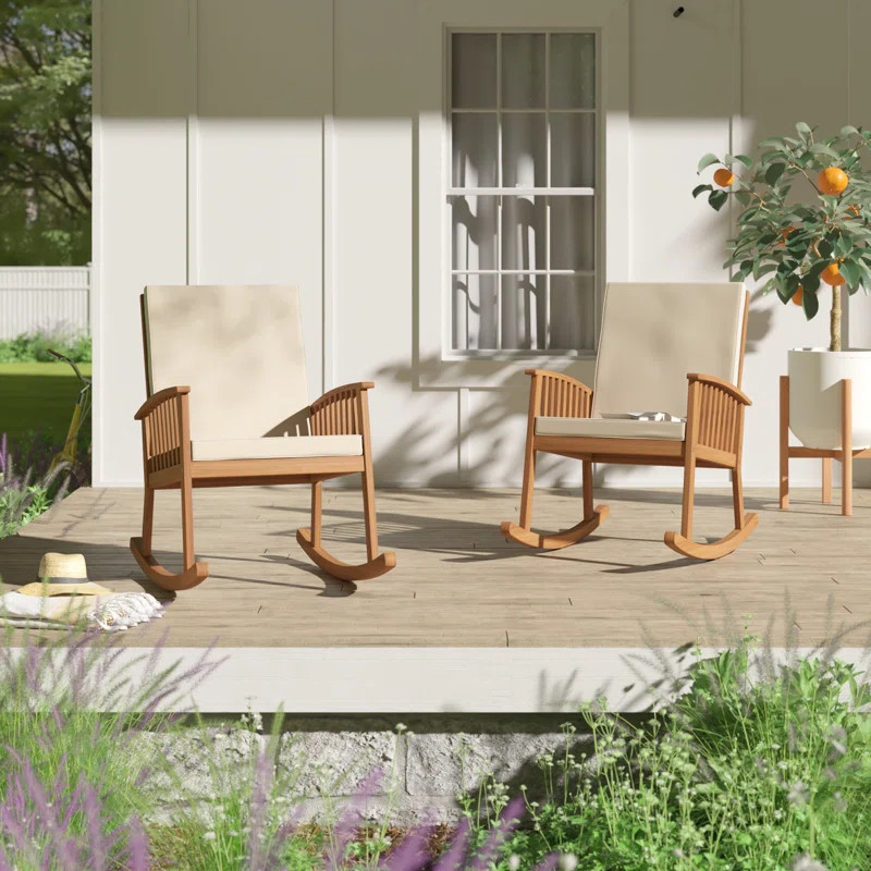 Outdoor Normant Rocking Solid Wood Chair with Cushions (Set of 2) | Wayfair North America