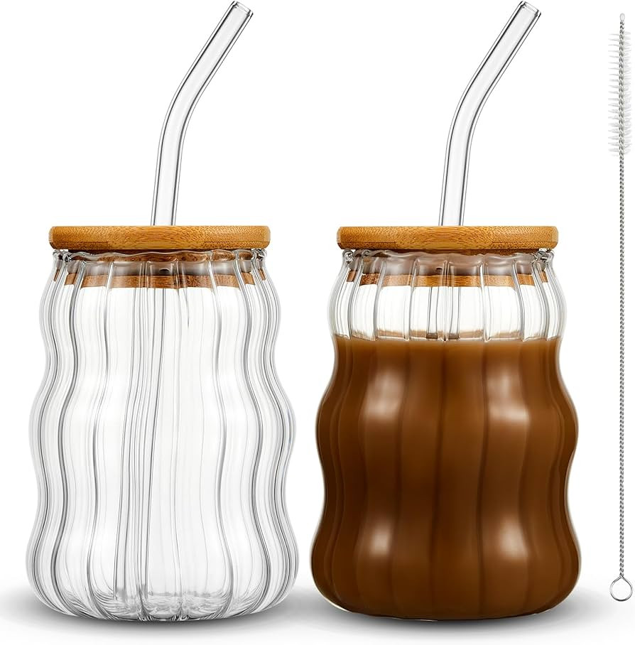 Domensi 2 Pcs 18 oz Creative Glass Cups with Lids and Straws Wave Shape Cute Drinking Cups Ribbed... | Amazon (US)