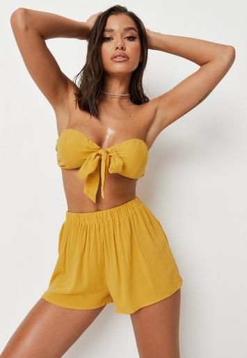 Yellow Cheesecloth Bandeau Beach Cover Up Co Ord Set | Missguided (US & CA)