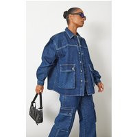 Indigo Oversized Button Up Pocket Detail Denim Shacket | PrettyLittleThing US