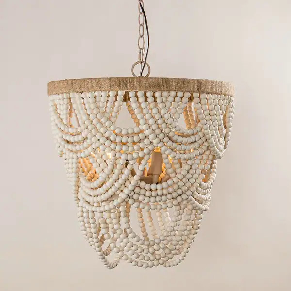 19.7" Wide Beige Layered Wood Beaded Chandelier with 4-Light - Overstock - 35216917 | Bed Bath & Beyond