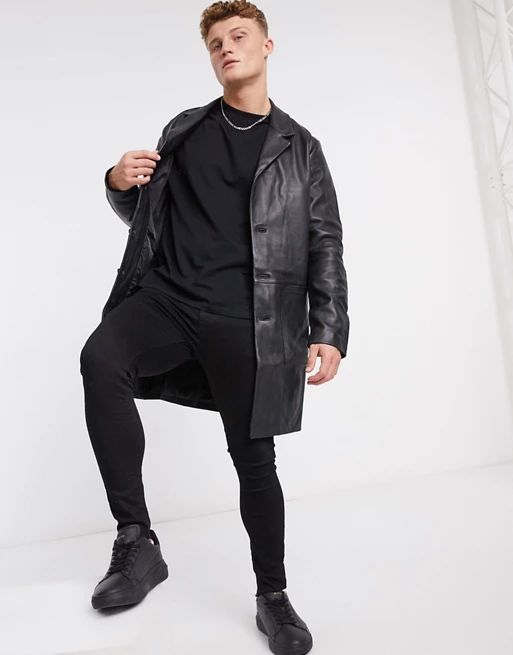 ASOS DESIGN leather trench coat in black | ASOS (Global)