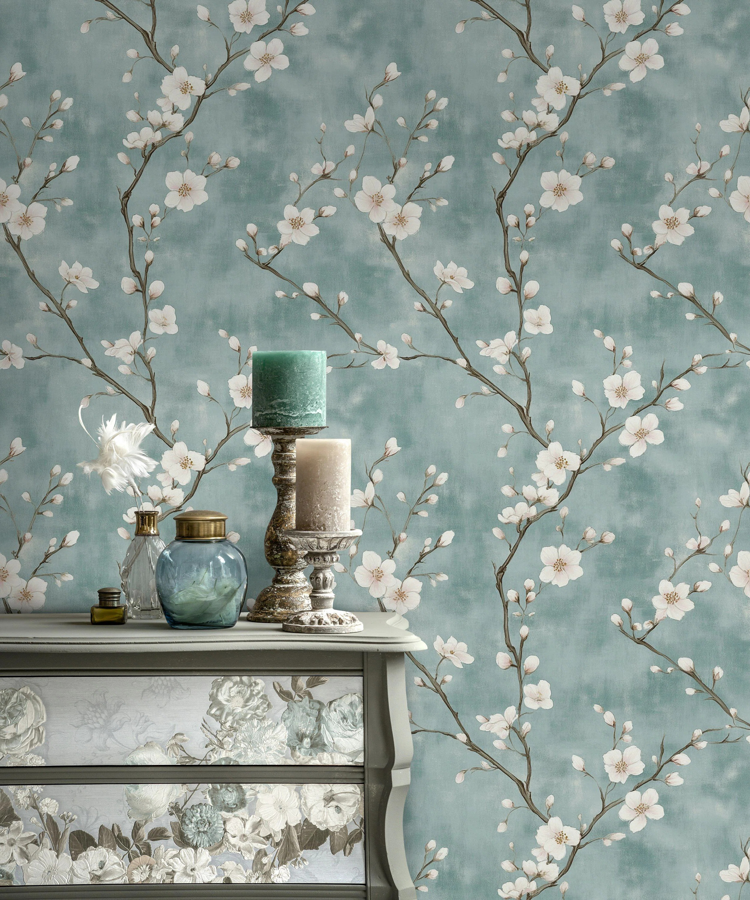 Chinoiserie Floral Wallpaper White Blossoms on Aqua Background Peel and Stick Wall Mural | Wayfair North America