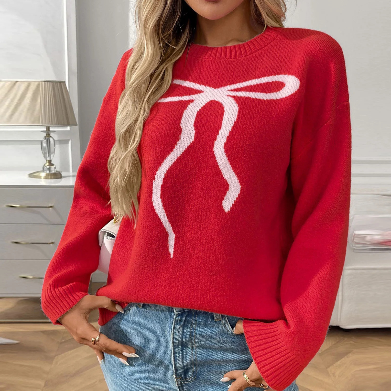 Weiqiqre Women's Sweaters Bow Sweater Long Sleeve Crew Neck Vintage Knitted Sweater | Walmart (US)