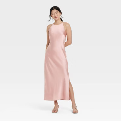 Women's Satin Halter Maxi Slip Dress - A New Day™ Light Pink XL: Recycled Polyester, Sleeveless, Open Back | Target