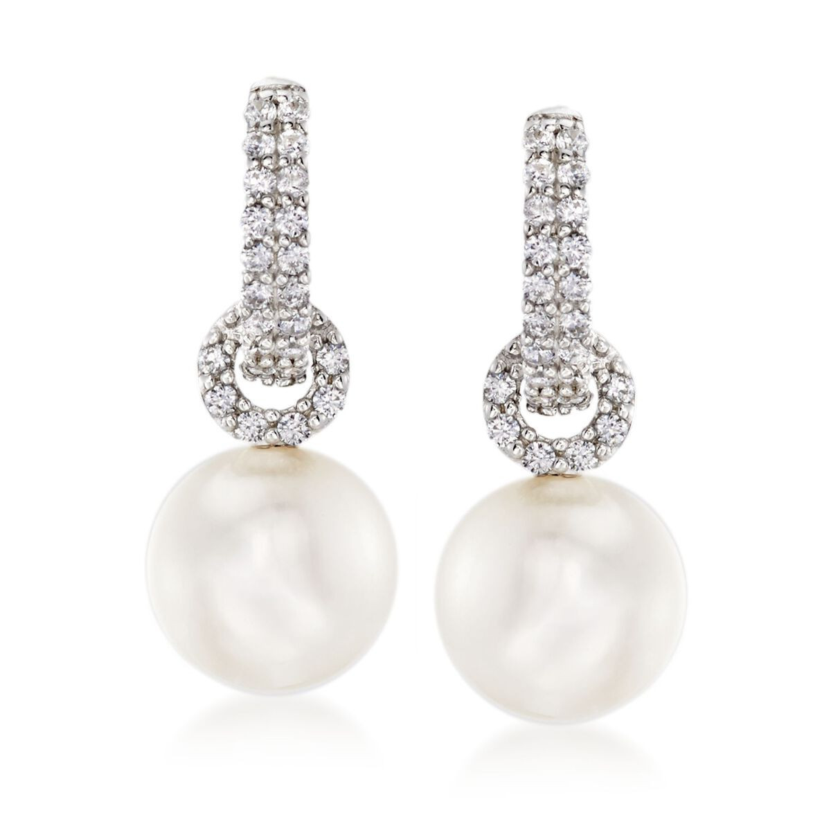 8-8.5mm Cultured Pearl and .50 ct. t.w. CZ Huggie Hoop Drop Earrings in Sterling Silver | Ross-Simons