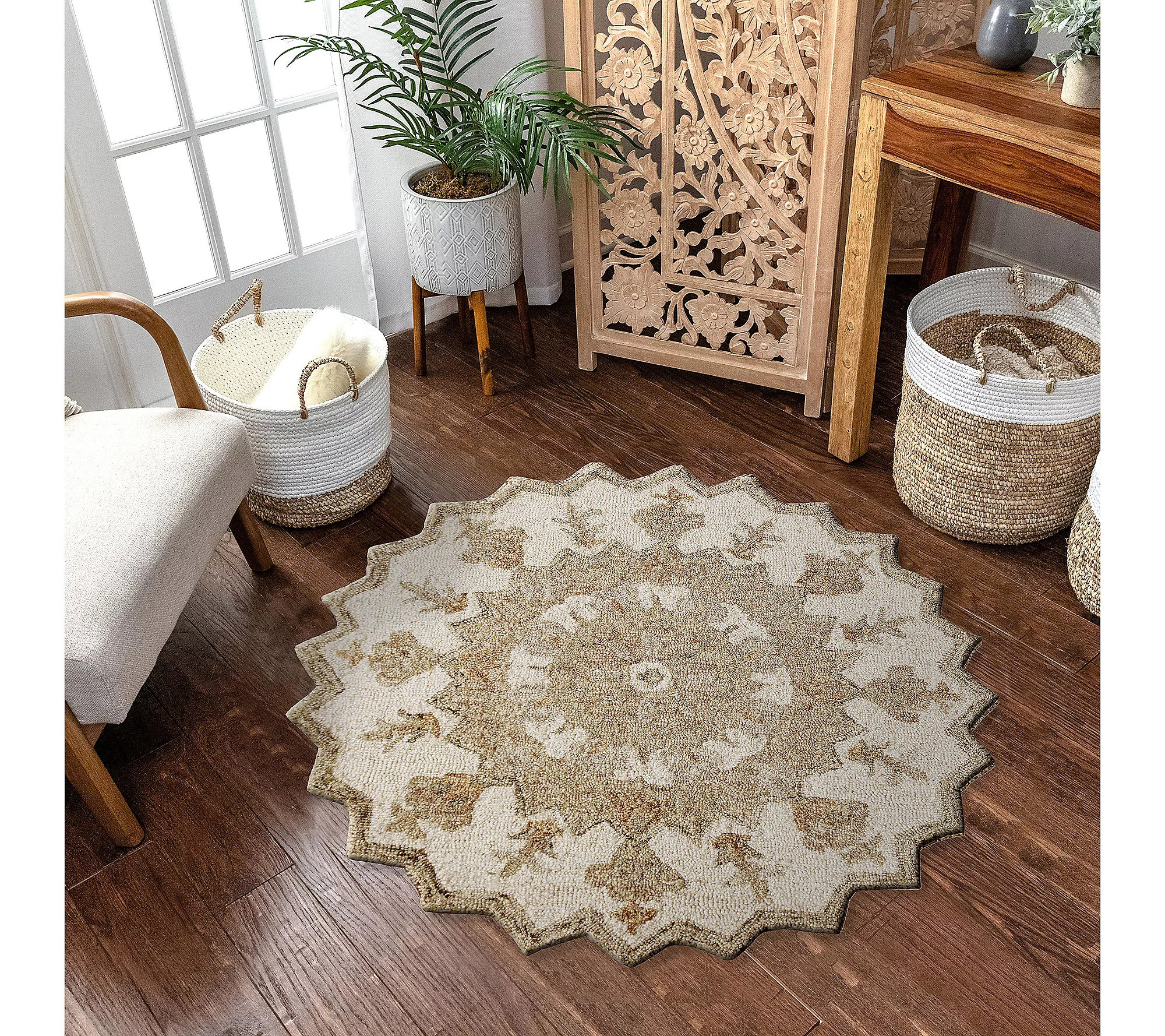 Ox Bay Beige Medallion Wool Round Indoor Rug, 3' Round | QVC