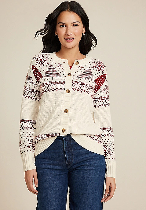 Holiday Fair Isle Button Front Cardigan | Maurices