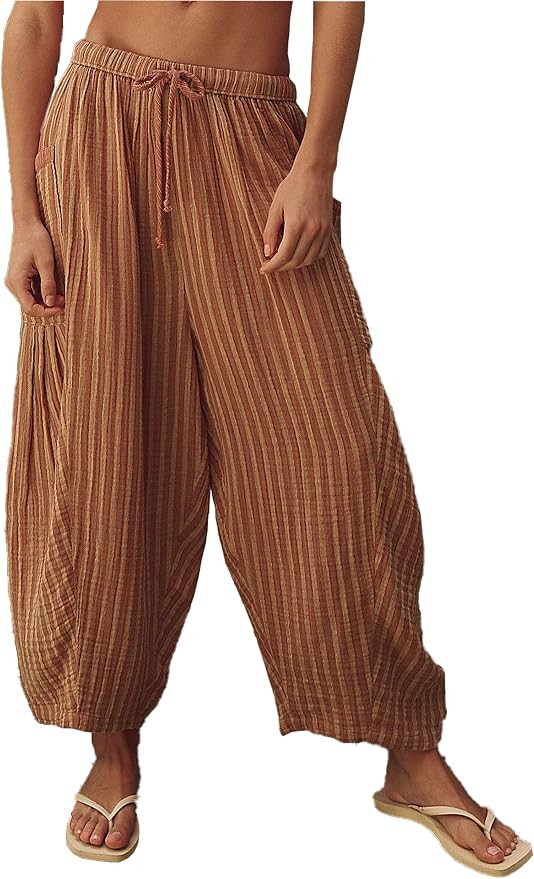Womens Summer Striped Harem Pants Loose Flowy Boho Barrel Pants | Casual Stripes Print Wide Leg D... | Amazon (US)