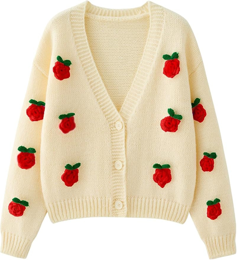 HOULENGS Women's Strawberry Print Button Down Long Sleeve V Neck Crop Cardigan Sweater | Amazon (US)