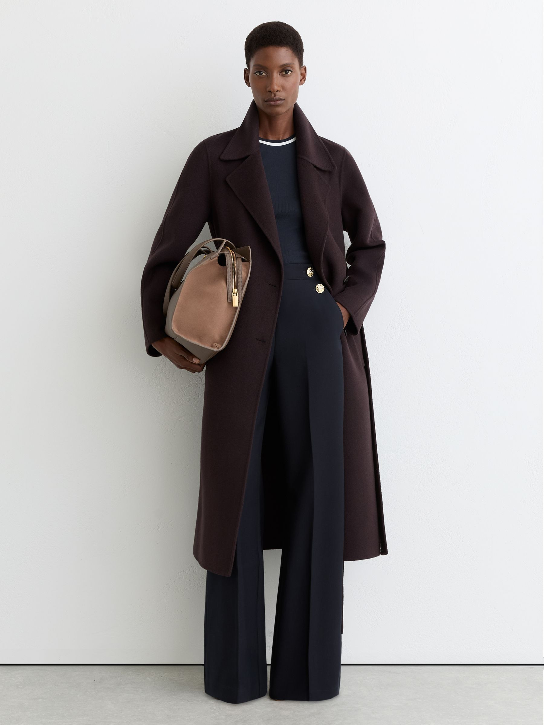 Wide-Leg Button-Detail Trousers in Navy | Reiss US