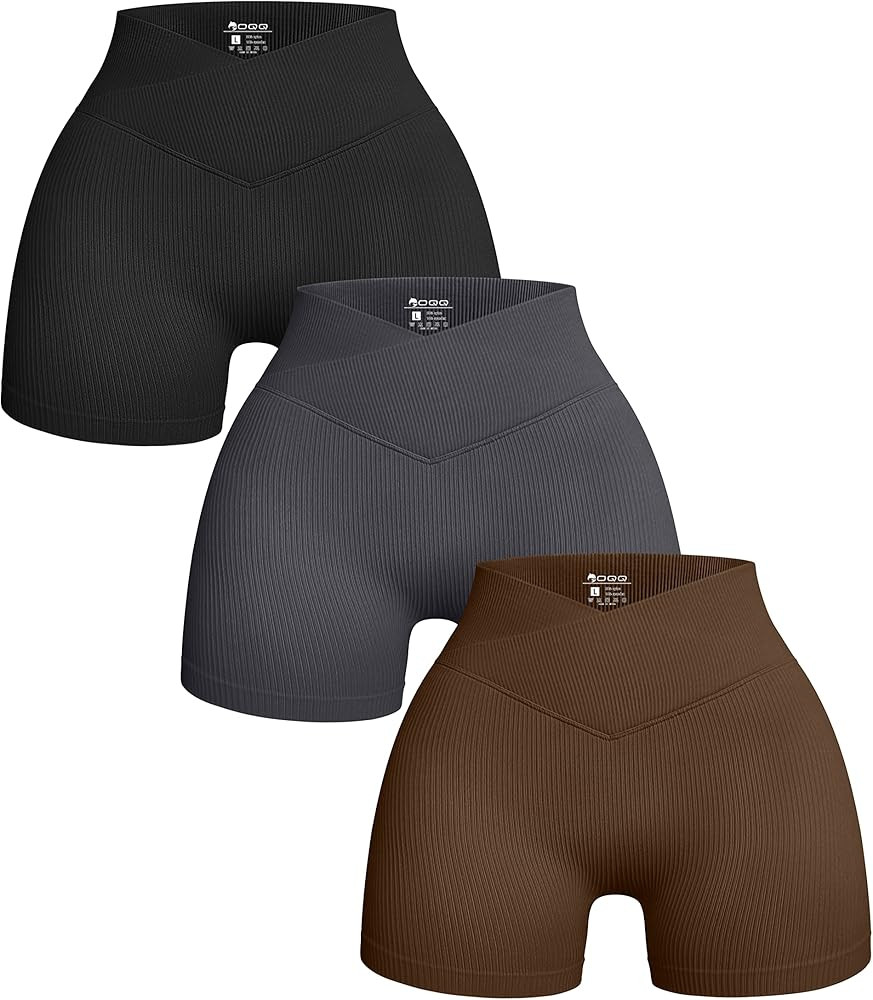 OQQ Women's 3 Piece Yoga Shorts Ribbed Seamless Workout High Waist Cross Over Athletic Leggings | Amazon (US)