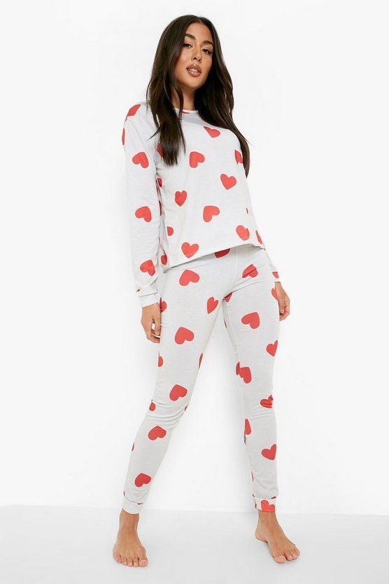 Heart Print Cuffed Bottom Valentines PJ Set | Boohoo.com (US & CA)
