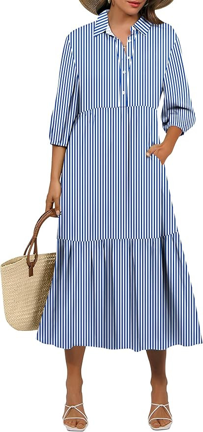 ANRABESS Women 3/4 Puff Sleeve Maxi Dress Floral Print Boho Polo V Neck Casual Summer Beach Flowy... | Amazon (US)
