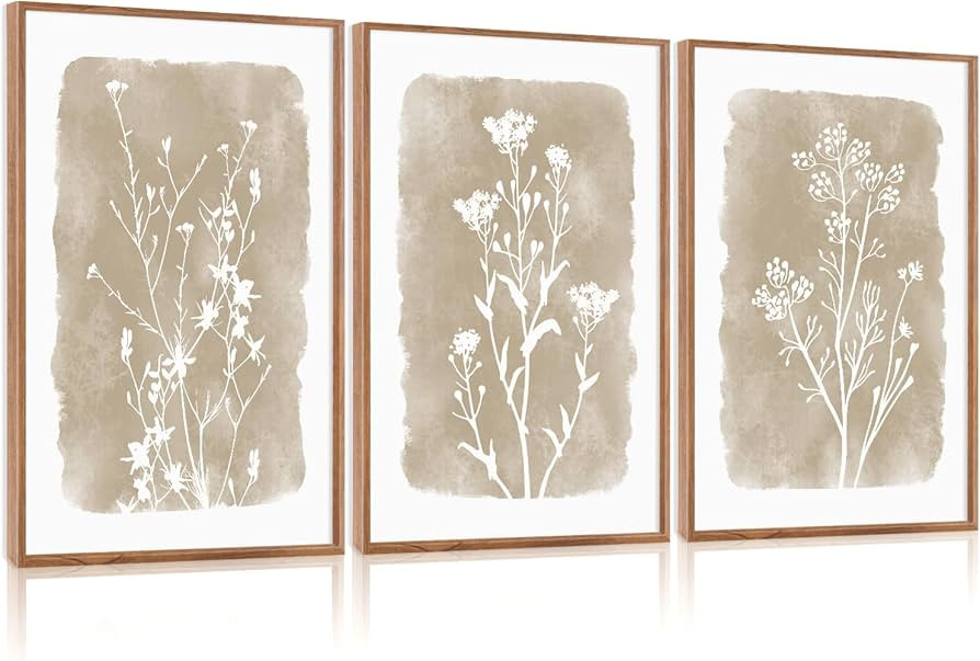 CHDITB Neutral Botanical Wall Art Set of 3, 24"x36" Large Framed Boho Farmhouse Flower Wall Decor... | Amazon (US)