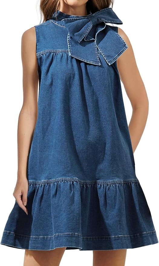 Denim Dress for Women Summer Sleeveless Mock Neck Ruffle Hem Babydoll Jean Dress with Bow | Amazon (US)