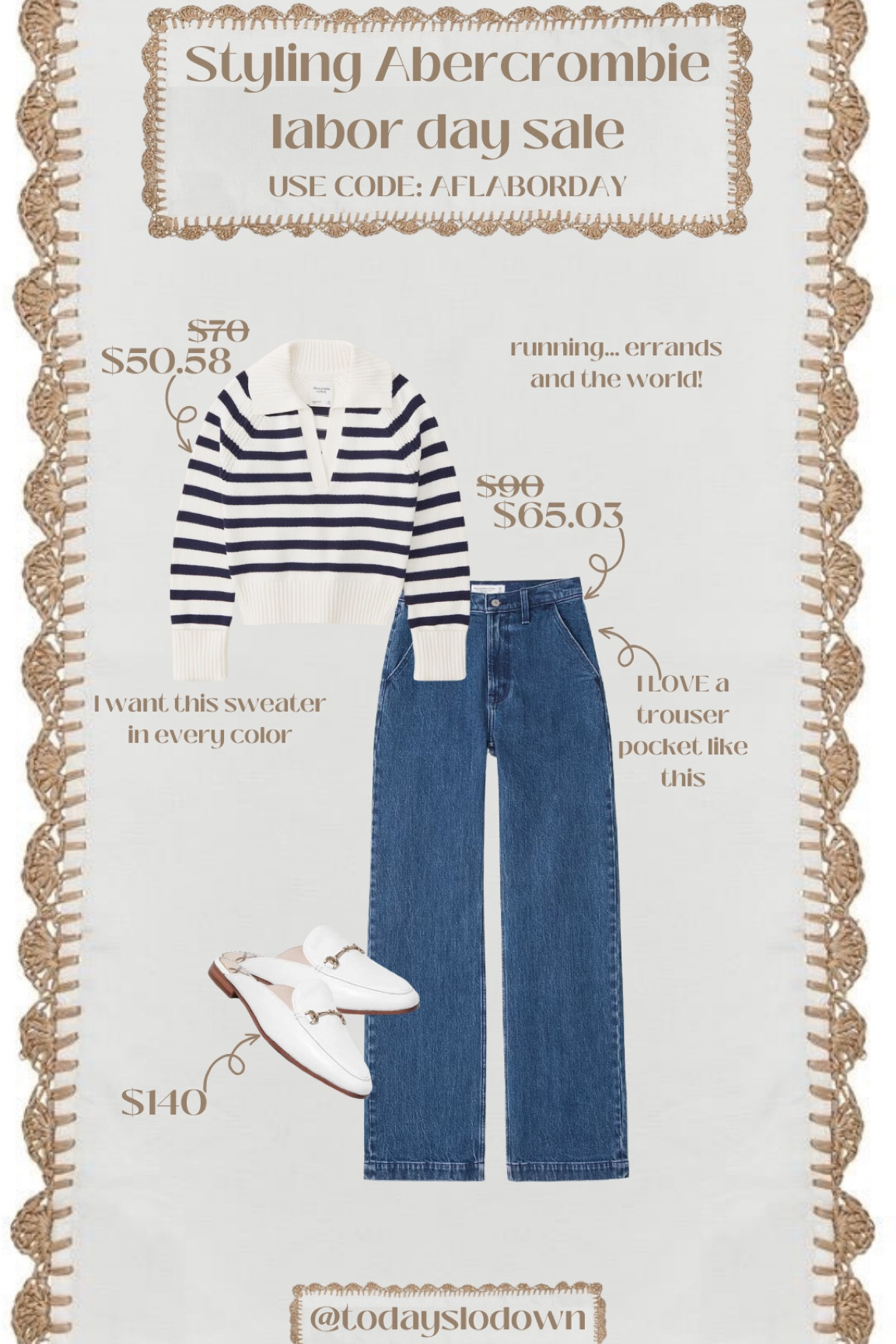 The best casual, run around outfit from  the Abercrombie sale! My favorite thing ever is a good navy/white striped piece. So cozy for Fall!


#fallstyle #runaround #trouserjeans #widelegjeans #stripedsweater #fallsweaters #whitemules #fallshoes #europeanstyle #itgirllooks



#LTKFind #LTKsalealert #LTKSale
