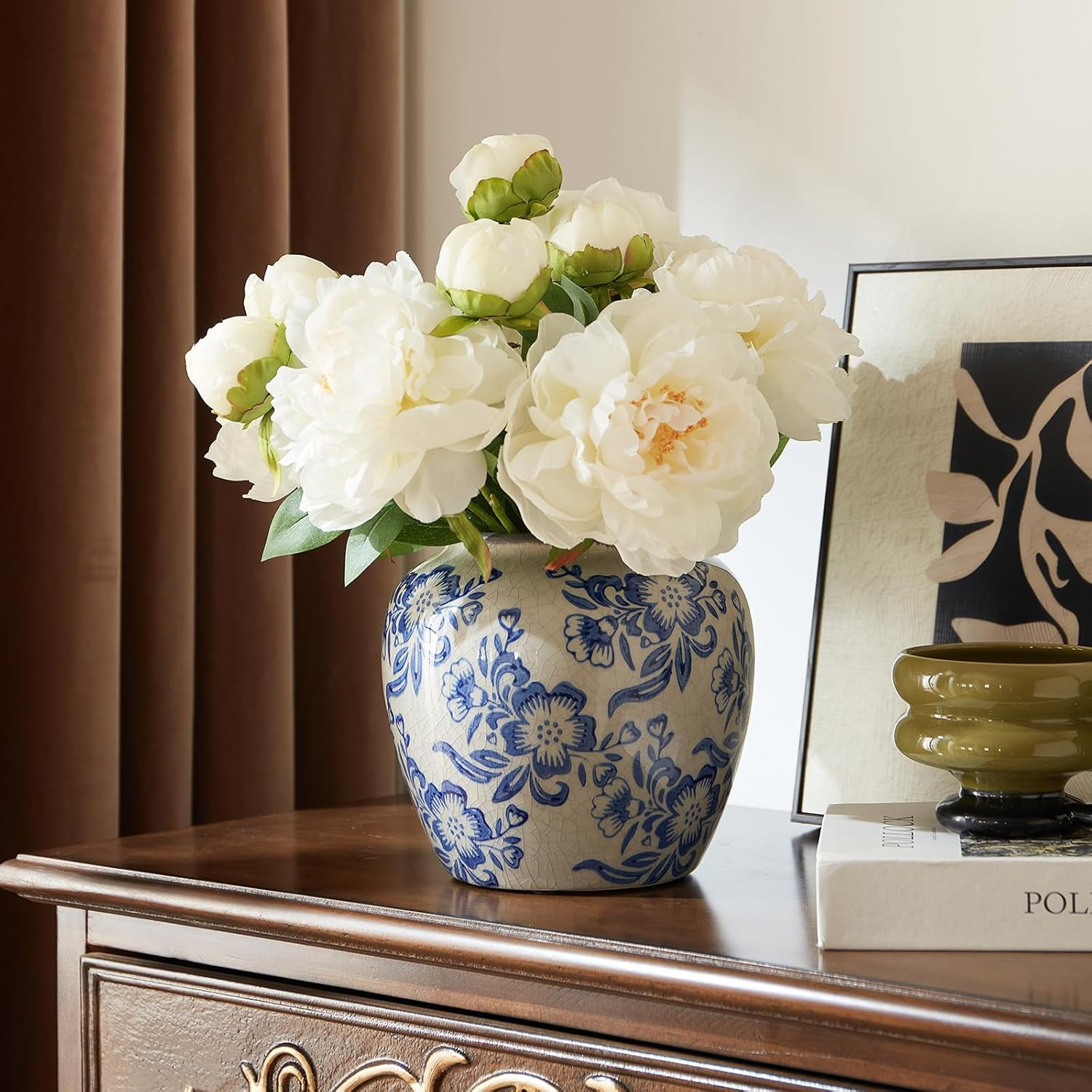 Blue and White Vases, Ceramic vases for Home Decor, Farmhouse Flower vase, Blue vase for Living R... | Amazon (US)