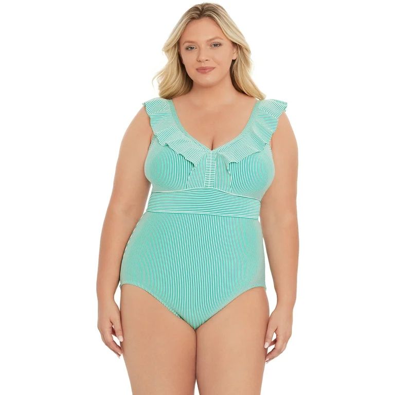 Time and Tru Women’s Ruffle Seersucker One Piece Swimsuit, Sizes XS-3X | Walmart (US)