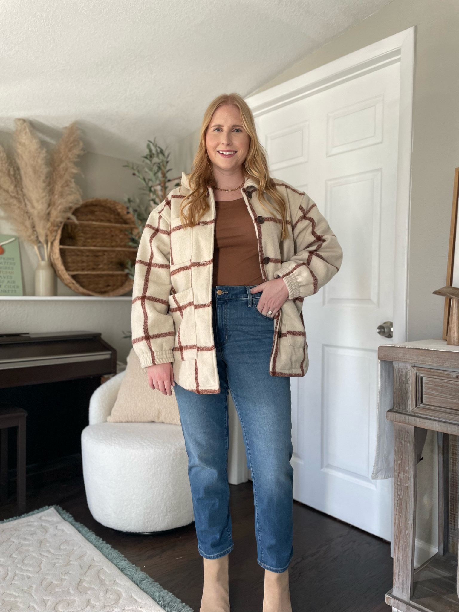 Plaid Shacket, denim jeans fall outfit idea - Affordable by Amanda wears a medium in this cream beige plaid Shacket from Target for a fall outfit idea 

#LTKSeasonal #LTKfindsunder50 #LTKmidsize