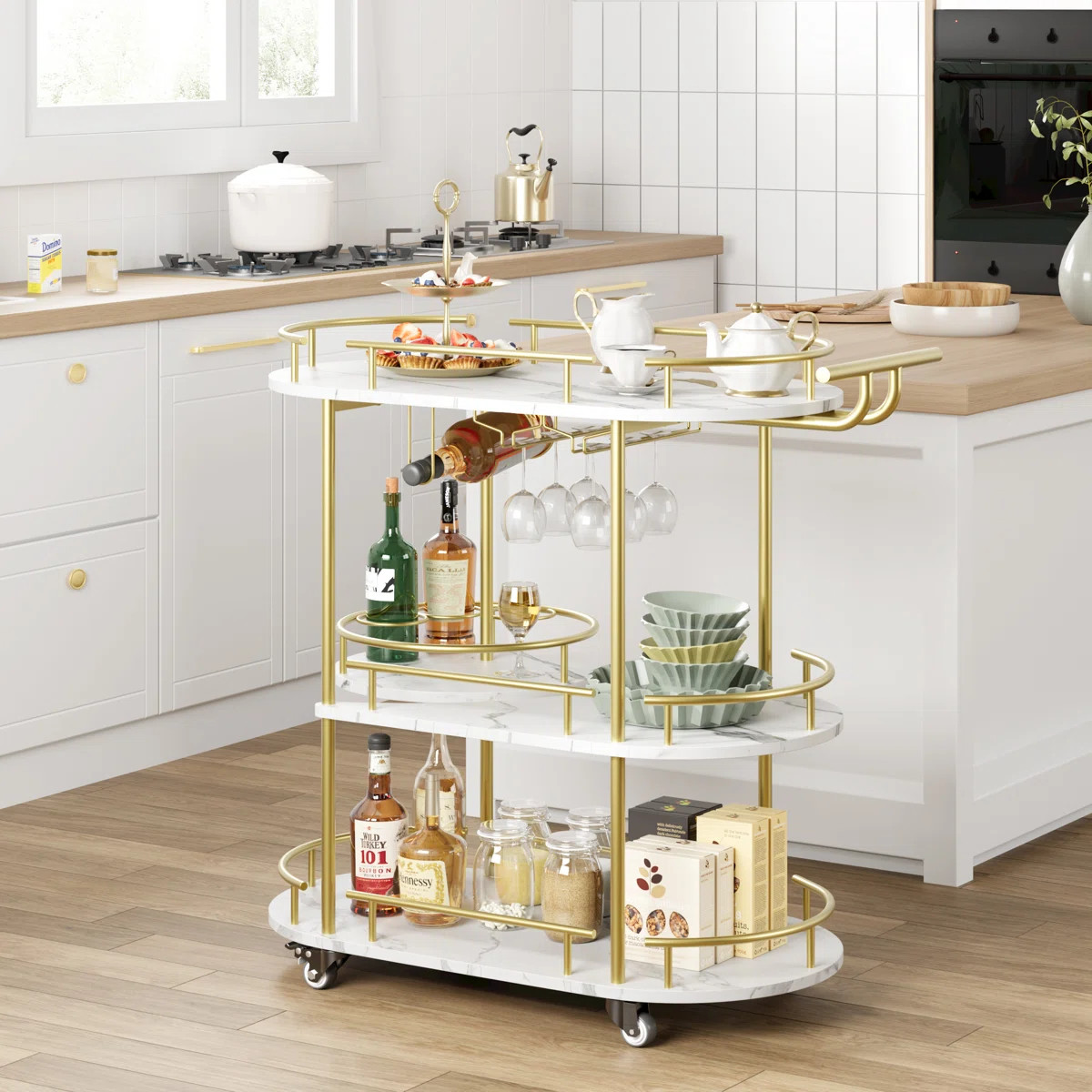 White Gold 4-Tier Bar Cart, Mobile Serving Cart on Wheels with Wine Rack and Glass Holder for Kit... | Wayfair North America