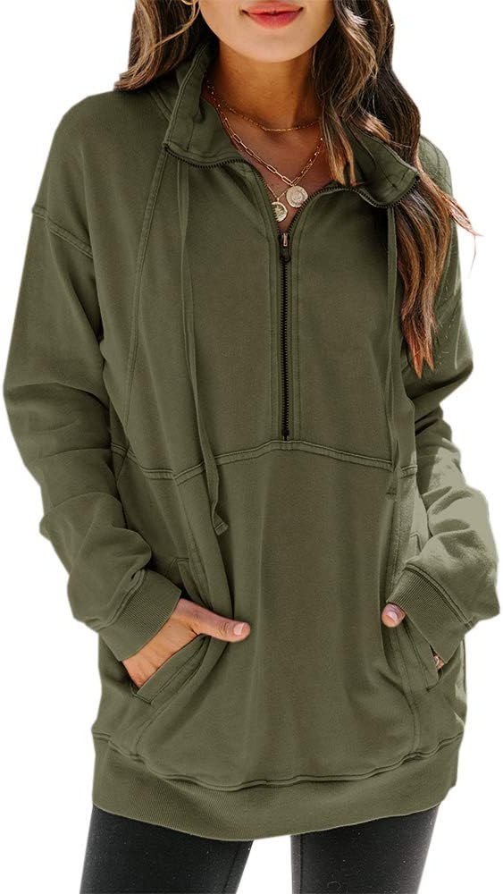 Women Lapel Half Zip Up Sweatshirts Long Sleeve Casual Loose Pocket Pullover Tops Drawstring | Amazon (US)