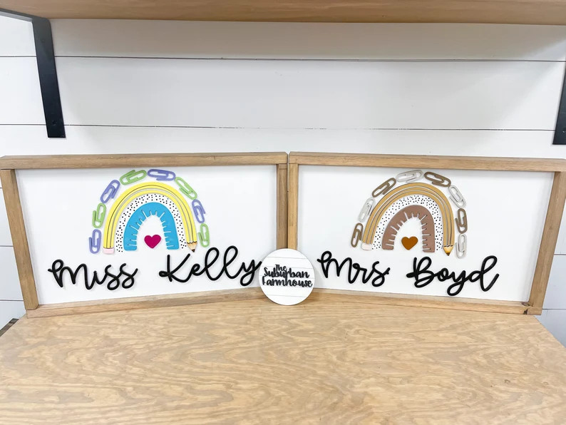Rainbow Teacher Name Sign The Suburban Farmhouse - Teacher Name Sign - Boho Rainbow - Boho Classr... | Etsy (US)